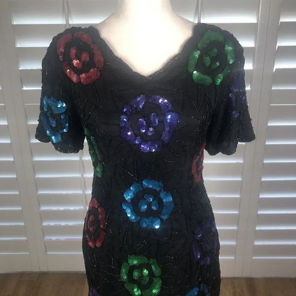 Vtg Styleworks Black Silk Beaded Dress 6 Short Sleeve Sheath Sequin Flower Party